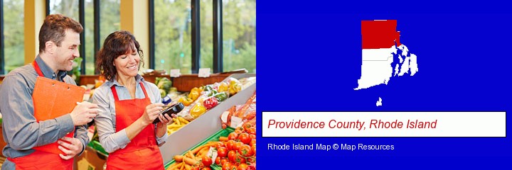 two grocers working in a grocery store; Providence County, Rhode Island highlighted in red on a map