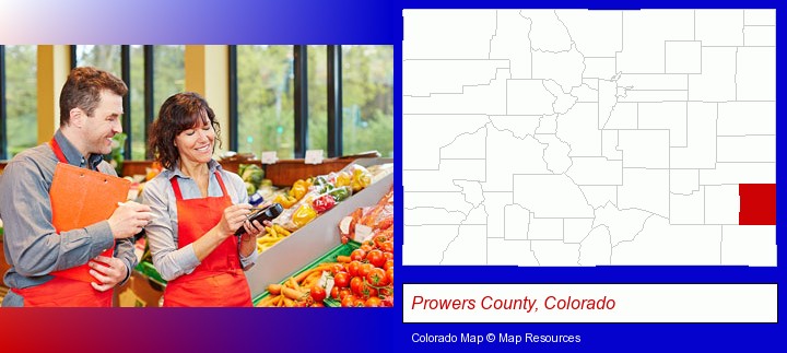 two grocers working in a grocery store; Prowers County, Colorado highlighted in red on a map