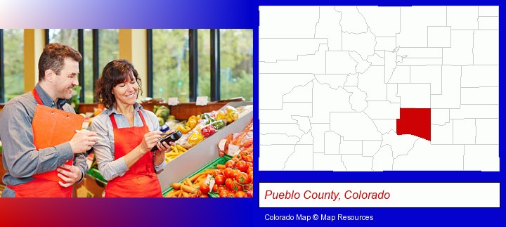 two grocers working in a grocery store; Pueblo County, Colorado highlighted in red on a map