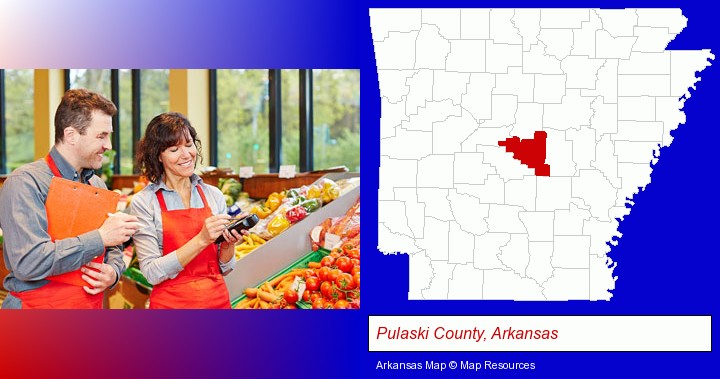 two grocers working in a grocery store; Pulaski County, Arkansas highlighted in red on a map