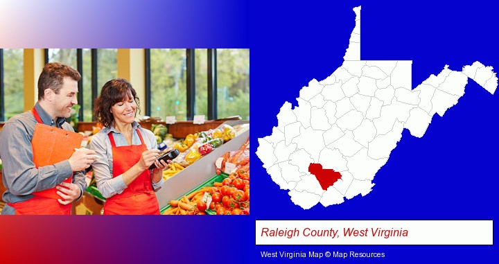 two grocers working in a grocery store; Raleigh County, West Virginia highlighted in red on a map