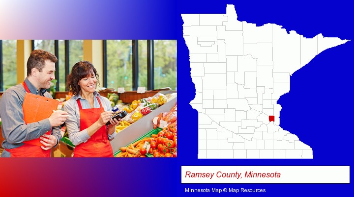 two grocers working in a grocery store; Ramsey County, Minnesota highlighted in red on a map