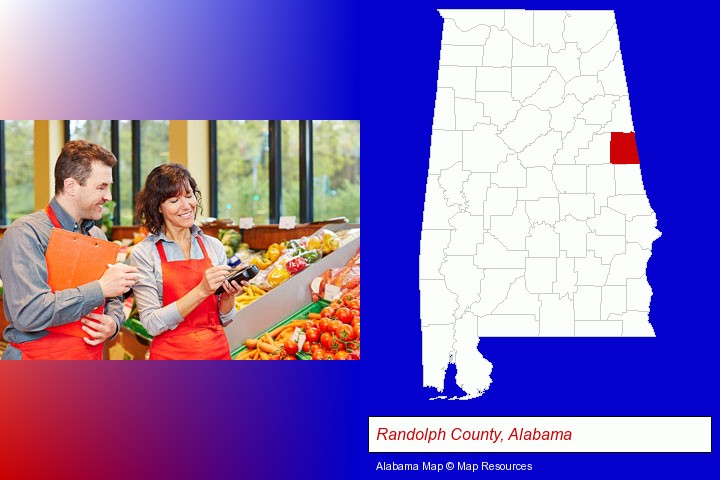 two grocers working in a grocery store; Randolph County, Alabama highlighted in red on a map