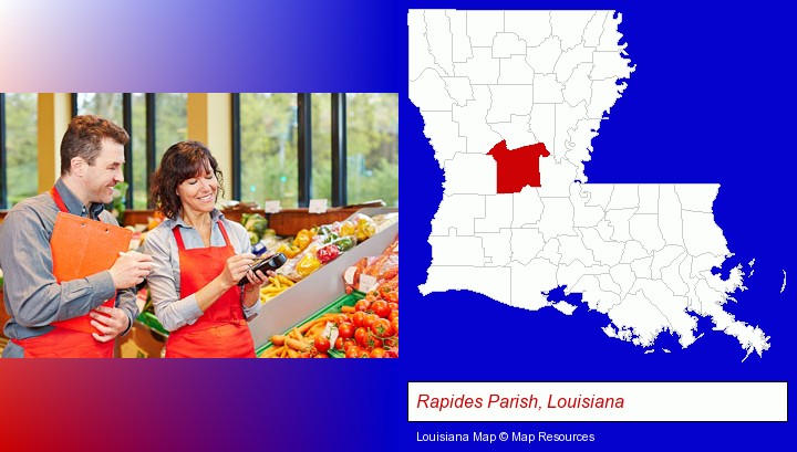 two grocers working in a grocery store; Rapides Parish, Louisiana highlighted in red on a map