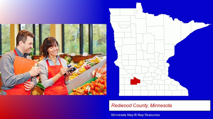 two grocers working in a grocery store; Redwood County, Minnesota highlighted in red on a map