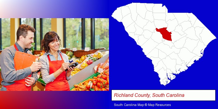 two grocers working in a grocery store; Richland County, South Carolina highlighted in red on a map
