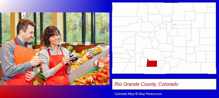 two grocers working in a grocery store; Rio Grande County, Colorado highlighted in red on a map