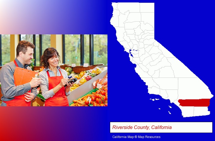 two grocers working in a grocery store; Riverside County, California highlighted in red on a map