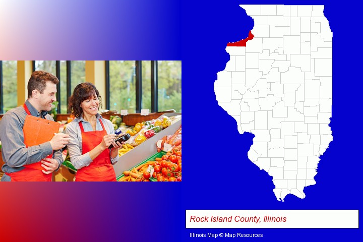 two grocers working in a grocery store; Rock Island County, Illinois highlighted in red on a map