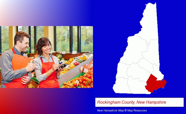 two grocers working in a grocery store; Rockingham County, New Hampshire highlighted in red on a map