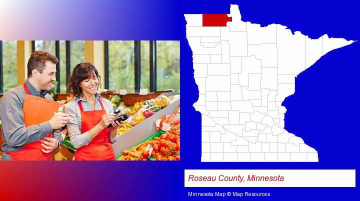 two grocers working in a grocery store; Roseau County, Minnesota highlighted in red on a map