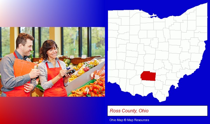 two grocers working in a grocery store; Ross County, Ohio highlighted in red on a map