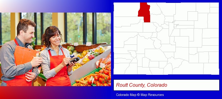 two grocers working in a grocery store; Routt County, Colorado highlighted in red on a map