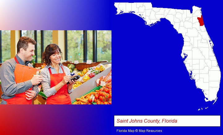 two grocers working in a grocery store; Saint Johns County, Florida highlighted in red on a map