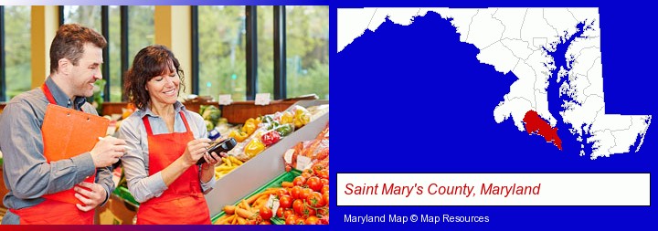 two grocers working in a grocery store; Saint Mary's County, Maryland highlighted in red on a map