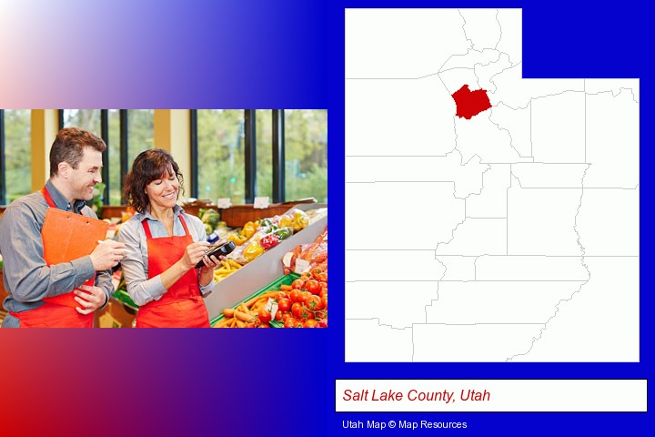 two grocers working in a grocery store; Salt Lake County, Utah highlighted in red on a map