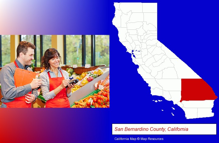 two grocers working in a grocery store; San Bernardino County, California highlighted in red on a map