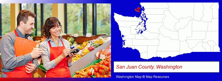 two grocers working in a grocery store; San Juan County, Washington highlighted in red on a map