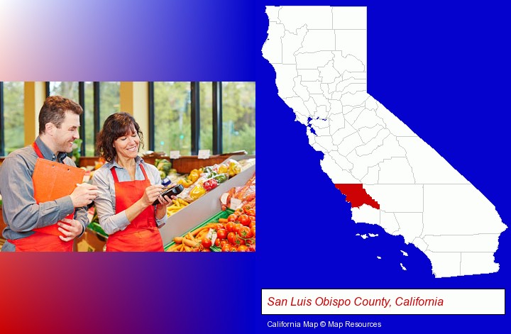 two grocers working in a grocery store; San Luis Obispo County, California highlighted in red on a map
