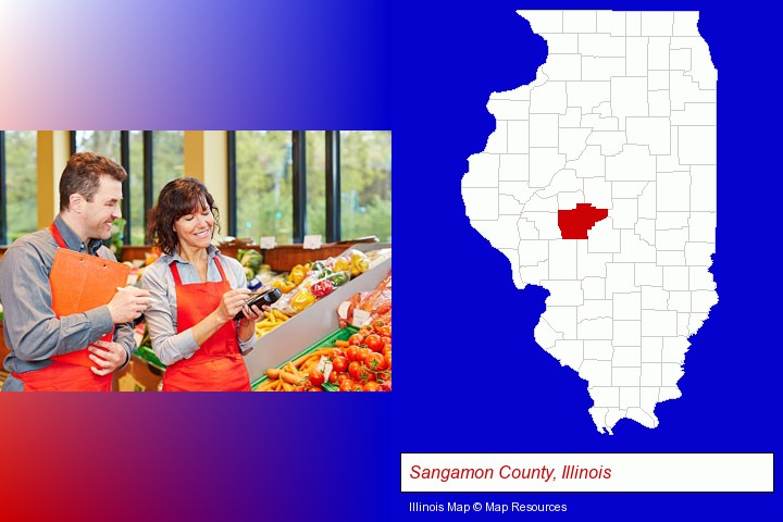 two grocers working in a grocery store; Sangamon County, Illinois highlighted in red on a map