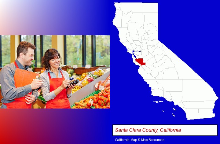 two grocers working in a grocery store; Santa Clara County, California highlighted in red on a map