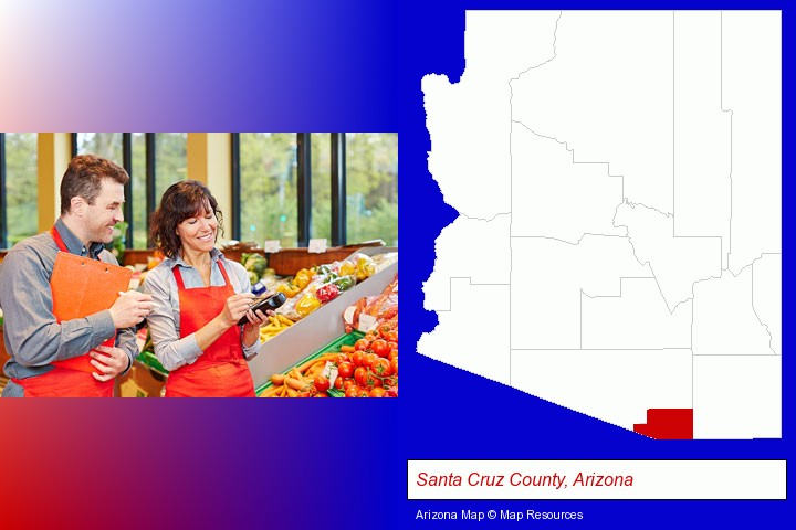 two grocers working in a grocery store; Santa Cruz County, Arizona highlighted in red on a map