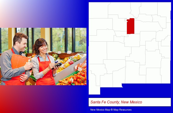 two grocers working in a grocery store; Santa Fe County, New Mexico highlighted in red on a map