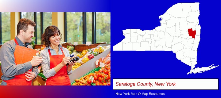 two grocers working in a grocery store; Saratoga County, New York highlighted in red on a map
