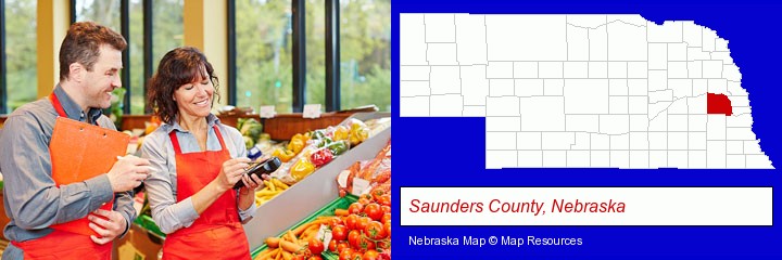 two grocers working in a grocery store; Saunders County, Nebraska highlighted in red on a map