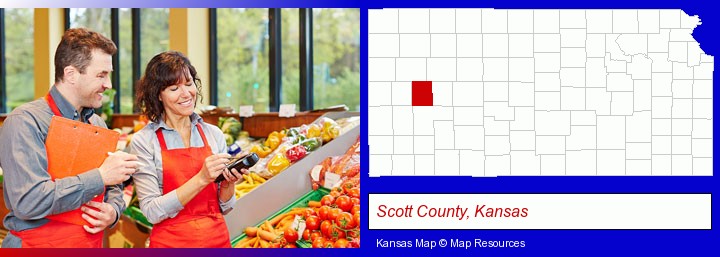 two grocers working in a grocery store; Scott County, Kansas highlighted in red on a map