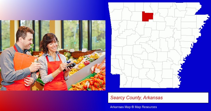 two grocers working in a grocery store; Searcy County, Arkansas highlighted in red on a map
