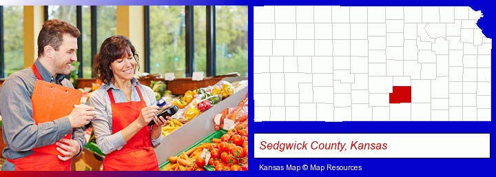 two grocers working in a grocery store; Sedgwick County, Kansas highlighted in red on a map