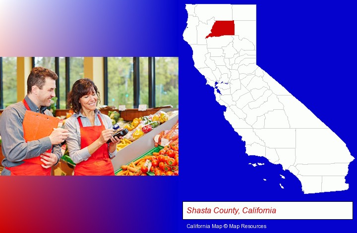 two grocers working in a grocery store; Shasta County, California highlighted in red on a map