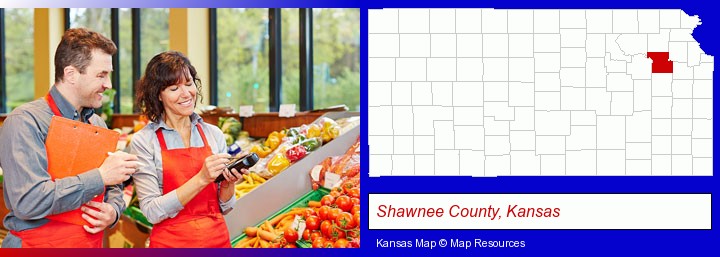 two grocers working in a grocery store; Shawnee County, Kansas highlighted in red on a map
