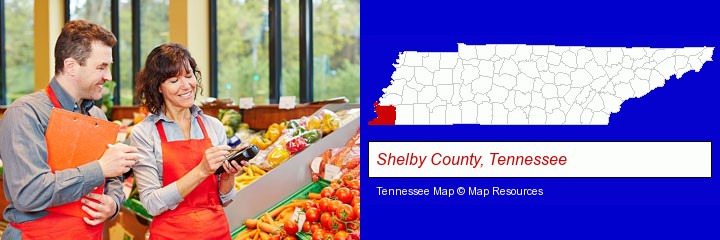two grocers working in a grocery store; Shelby County, Tennessee highlighted in red on a map