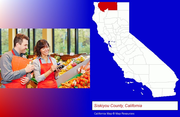two grocers working in a grocery store; Siskiyou County, California highlighted in red on a map