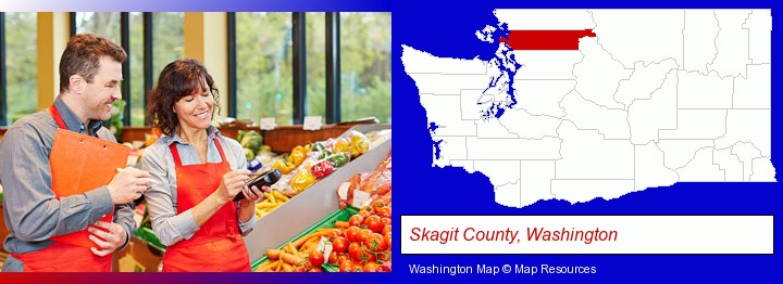 two grocers working in a grocery store; Skagit County, Washington highlighted in red on a map