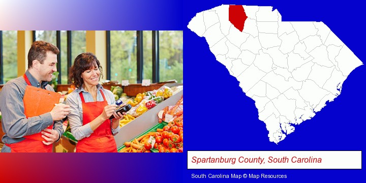 two grocers working in a grocery store; Spartanburg County, South Carolina highlighted in red on a map
