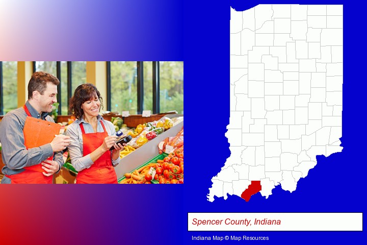 two grocers working in a grocery store; Spencer County, Indiana highlighted in red on a map