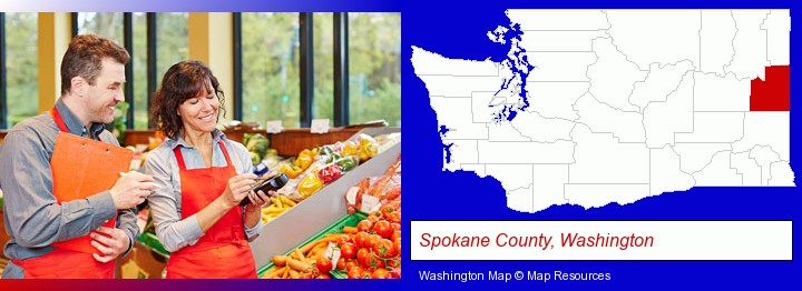 two grocers working in a grocery store; Spokane County, Washington highlighted in red on a map