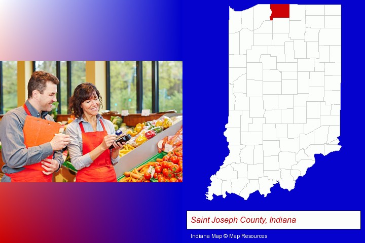 two grocers working in a grocery store; Saint Joseph County, Indiana highlighted in red on a map
