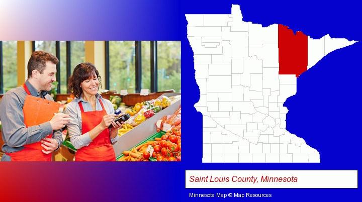 two grocers working in a grocery store; Saint Louis County, Minnesota highlighted in red on a map
