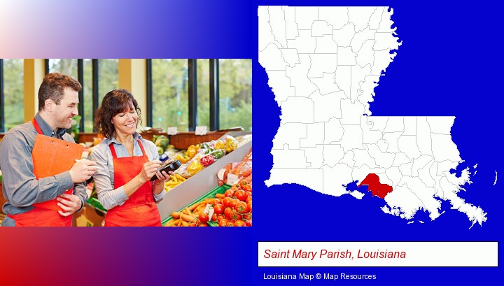 two grocers working in a grocery store; Saint Mary Parish, Louisiana highlighted in red on a map