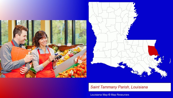 two grocers working in a grocery store; Saint Tammany Parish, Louisiana highlighted in red on a map