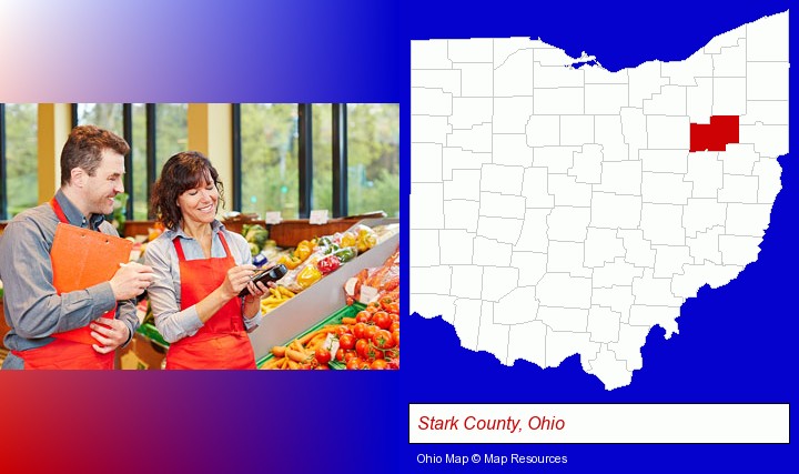 two grocers working in a grocery store; Stark County, Ohio highlighted in red on a map