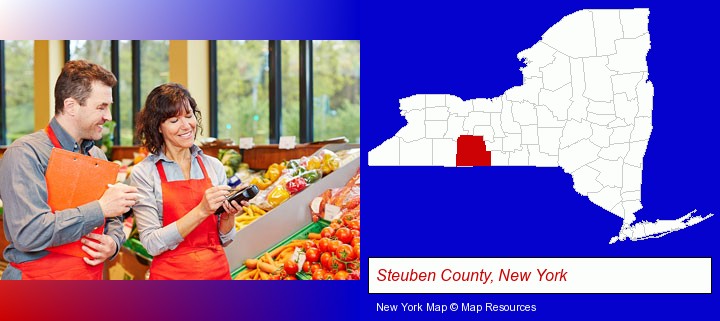 two grocers working in a grocery store; Steuben County, New York highlighted in red on a map