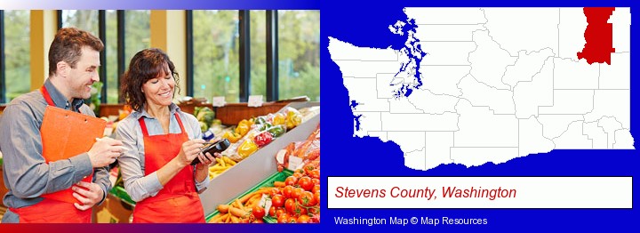 two grocers working in a grocery store; Stevens County, Washington highlighted in red on a map