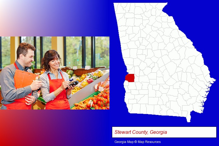 two grocers working in a grocery store; Stewart County, Georgia highlighted in red on a map