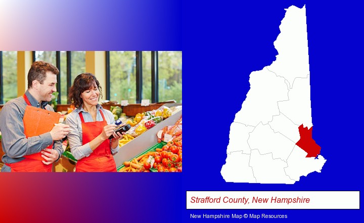 two grocers working in a grocery store; Strafford County, New Hampshire highlighted in red on a map