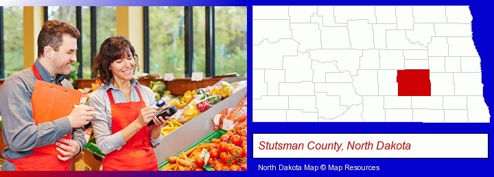 two grocers working in a grocery store; Stutsman County, North Dakota highlighted in red on a map